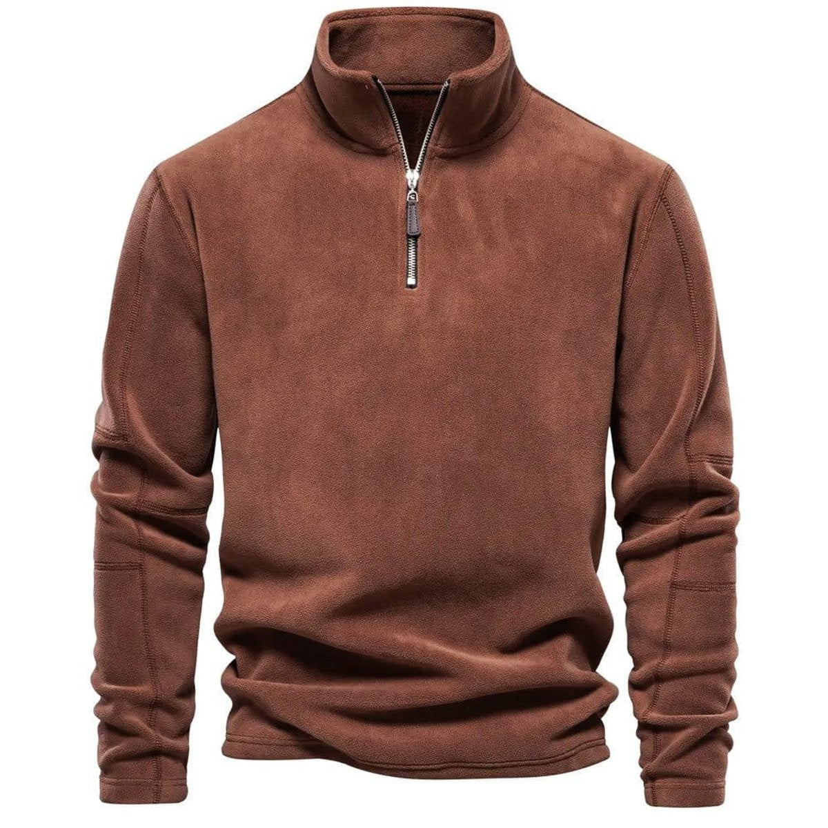 Brown fleece quarter-zip jumper with stand collar and ribbed cuffs