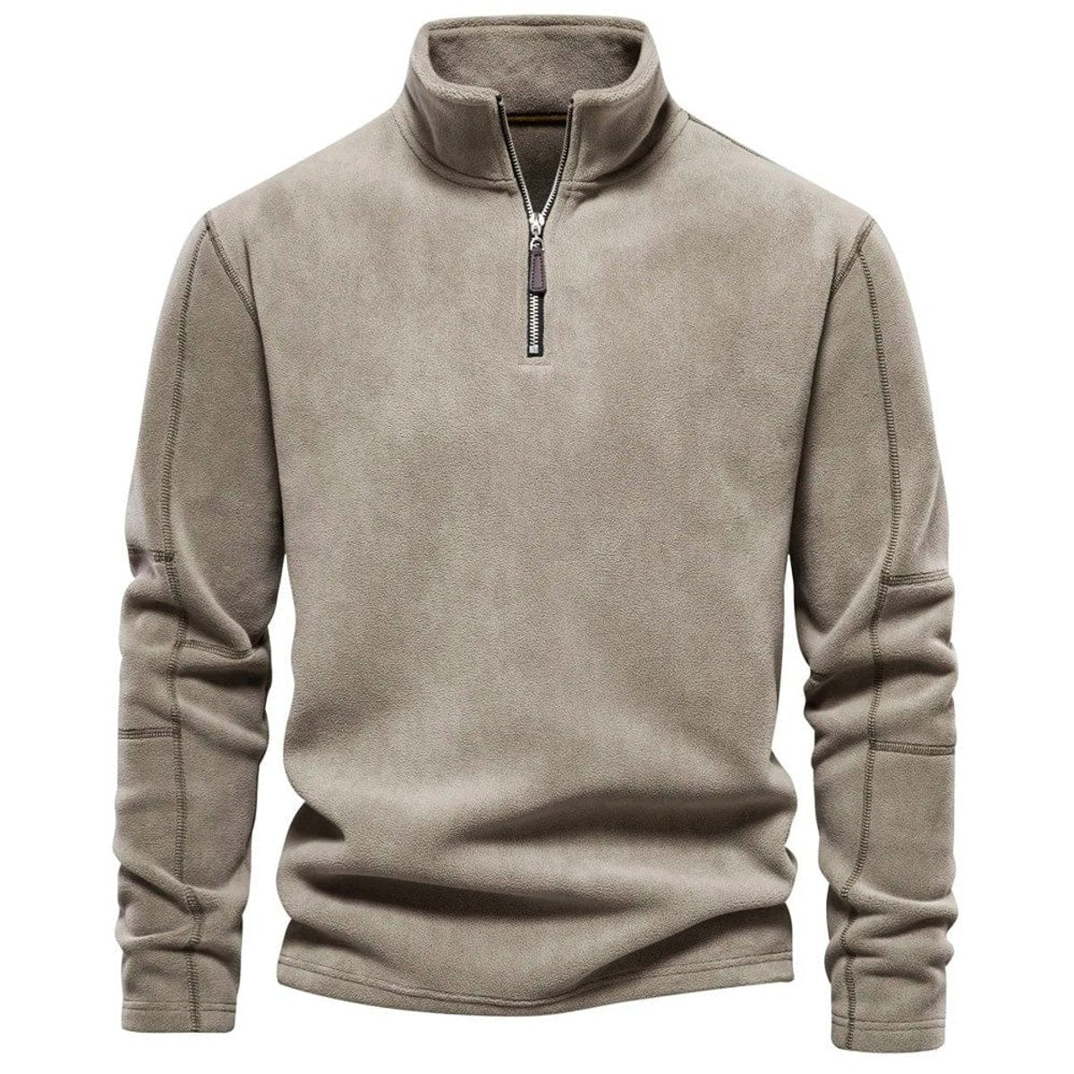 Beige fleece quarter-zip pullover with high stand-up collar