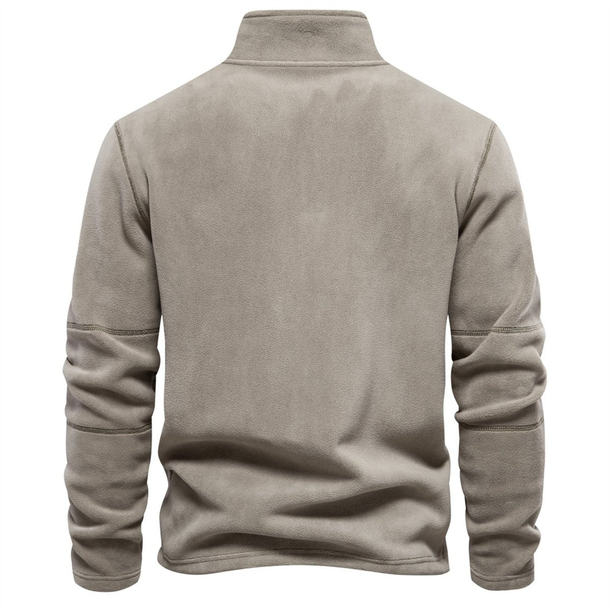 Rear view of beige fleece quarter-zip jumper showing panel stitching