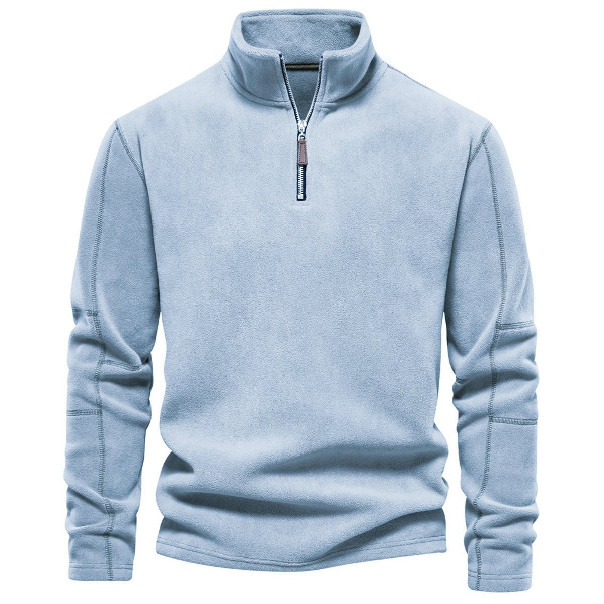 Pale blue fleece quarter-zip pullover with contrast zip pull