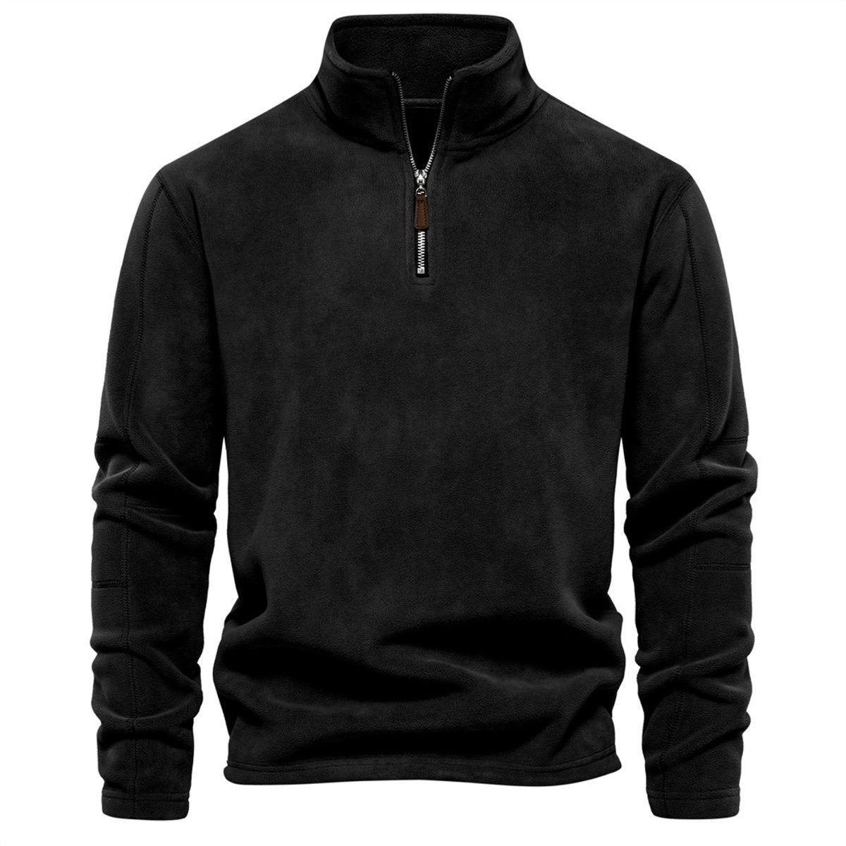 Black fleece quarter-zip pullover with brown leather zip tab