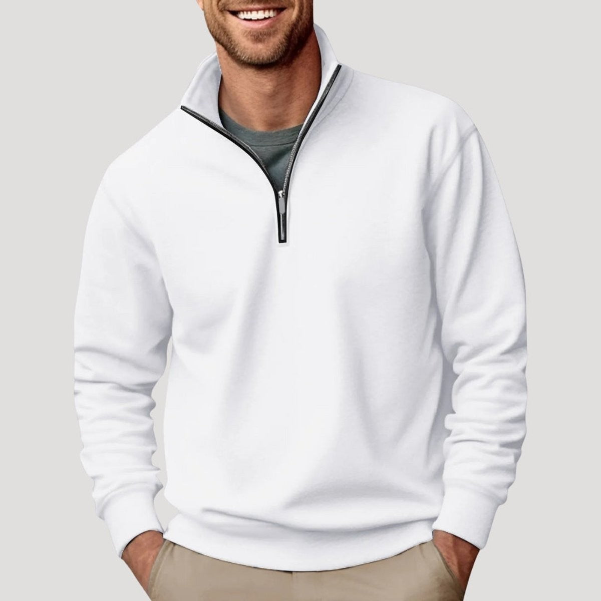 White quarter-zip jumper with stand collar on man in casual fleece pullover