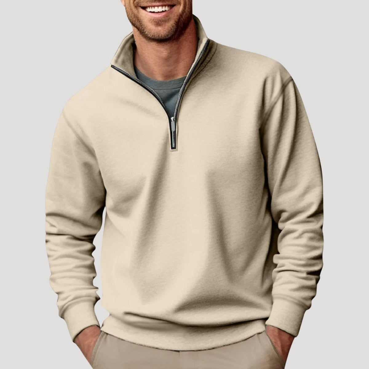 Beige quarter-zip fleece pullover with relaxed fit for men