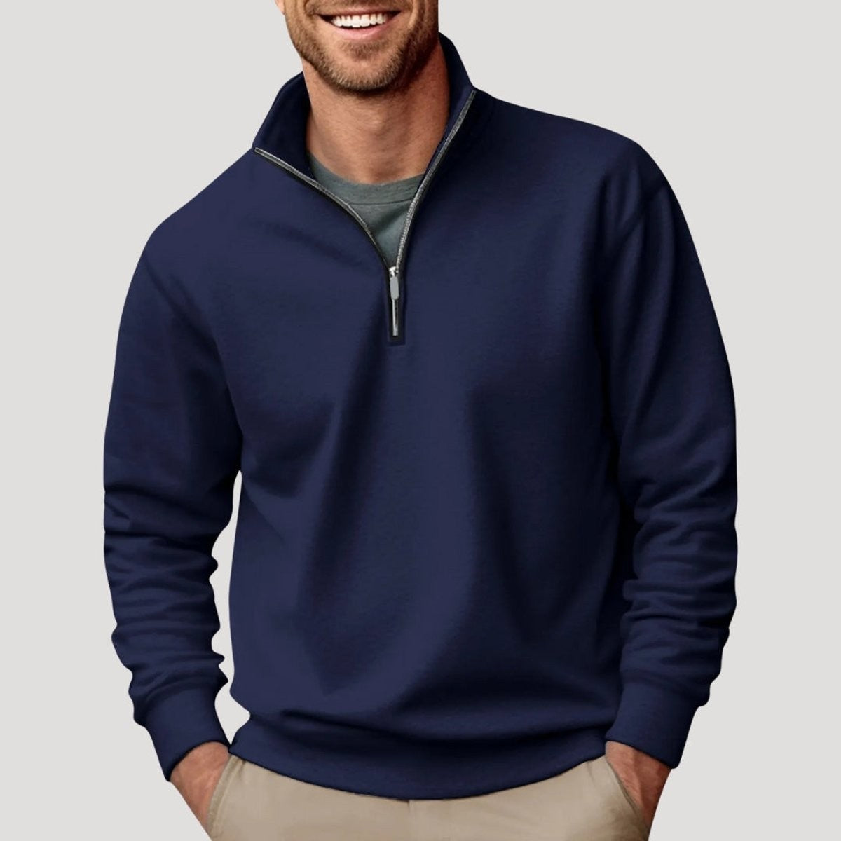 Navy men's quarter-zip jumper with grey zip trim, casual fit