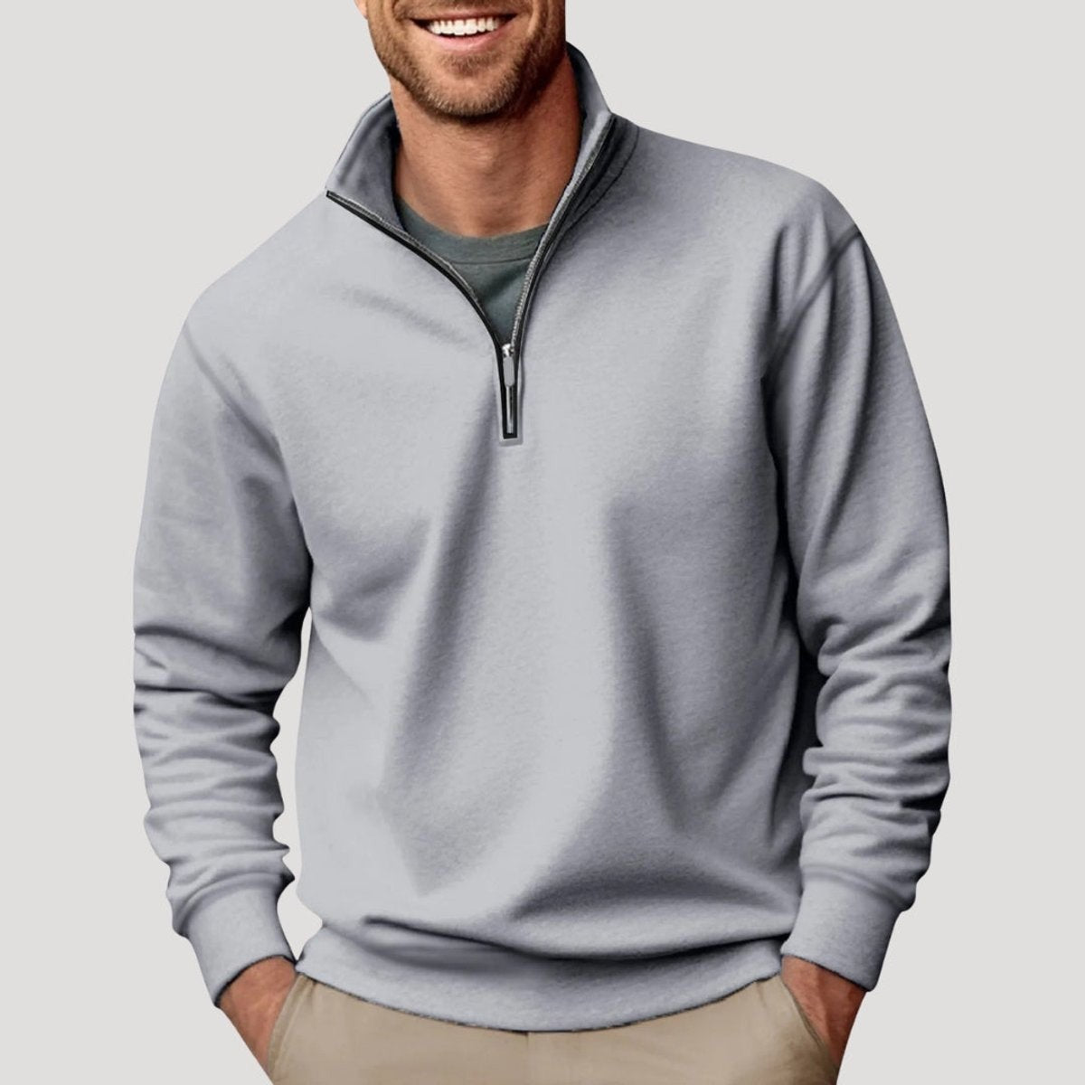 Grey marl quarter-zip fleece pullover with stand-up collar for men