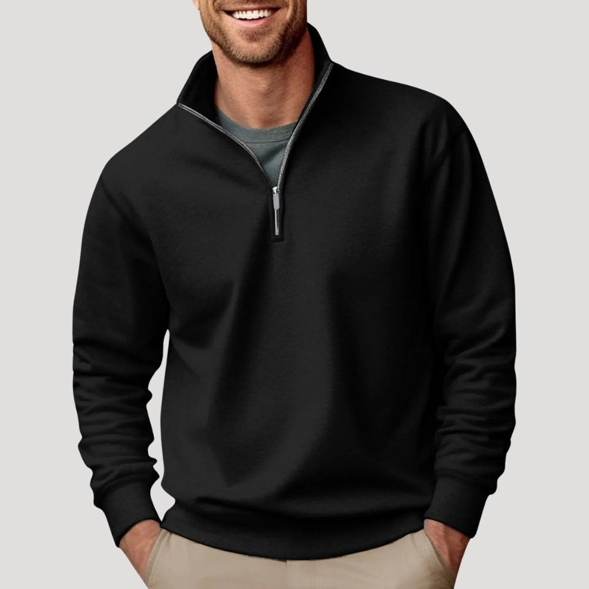 Black quarter-zip jumper with contrast zip, relaxed fleece style