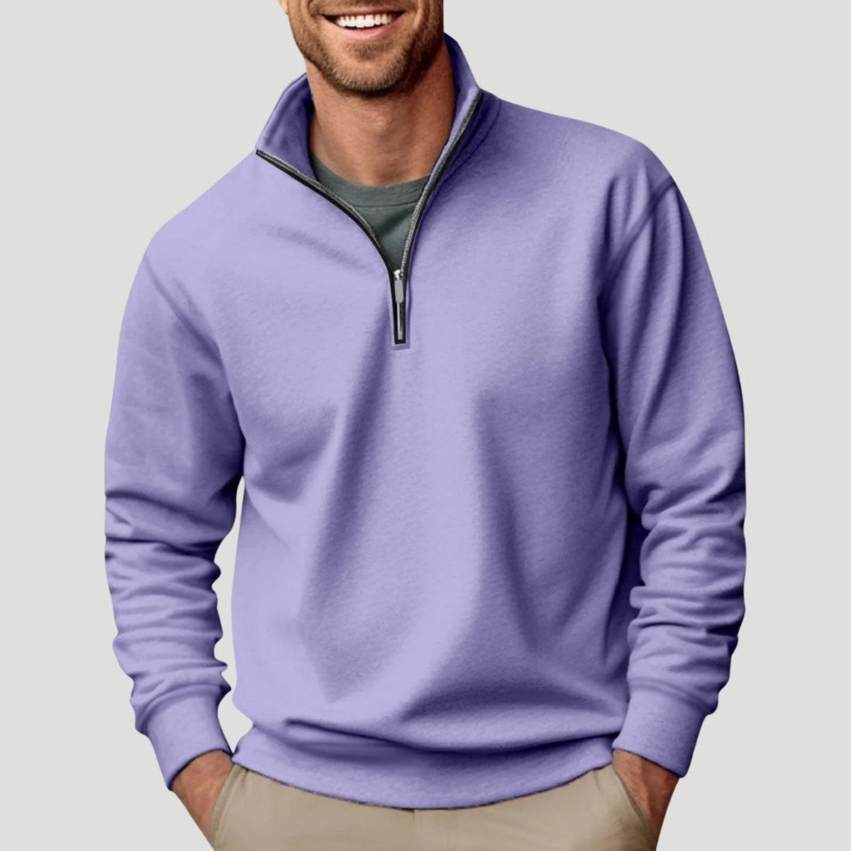 Lilac quarter-zip fleece pullover with casual relaxed fit for men