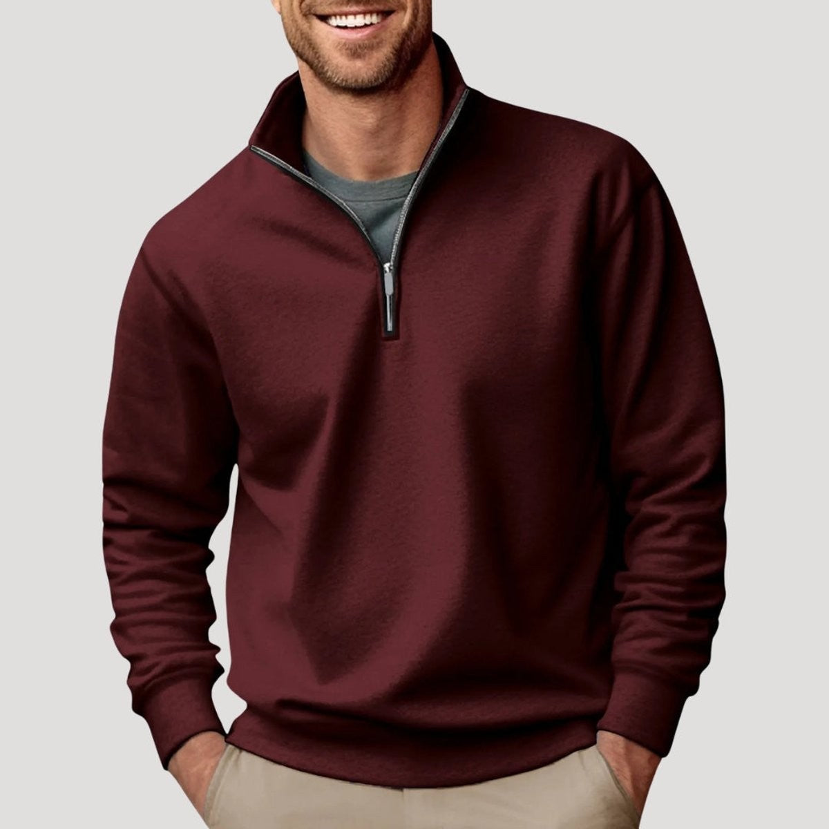 Burgundy quarter-zip jumper with stand collar, men's fleece pullover