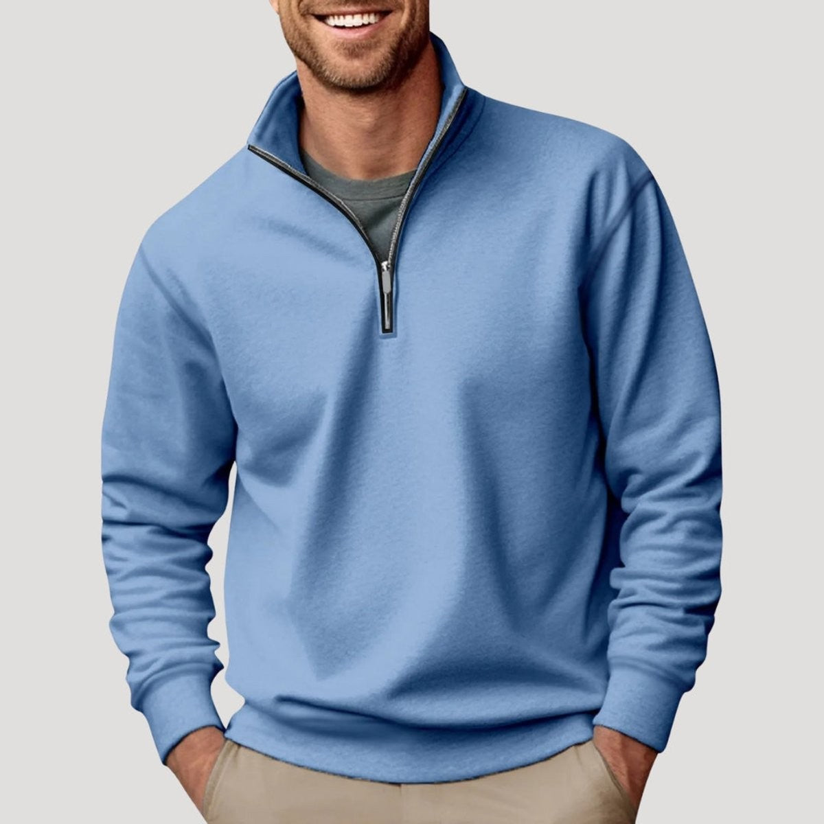 Sky blue quarter-zip fleece pullover with grey zip detail for men