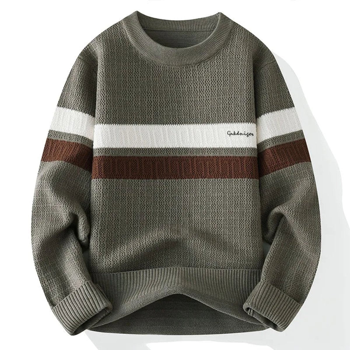 Khaki ribbed-knit jumper with cream and brown heritage stripe detailing