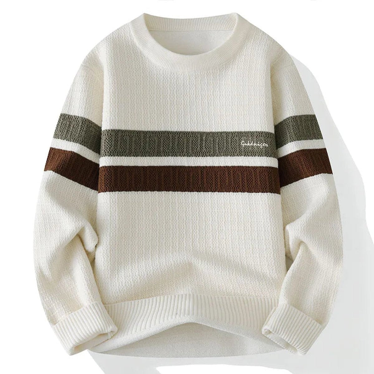 Cream knitted jumper featuring khaki and brown chest stripe design