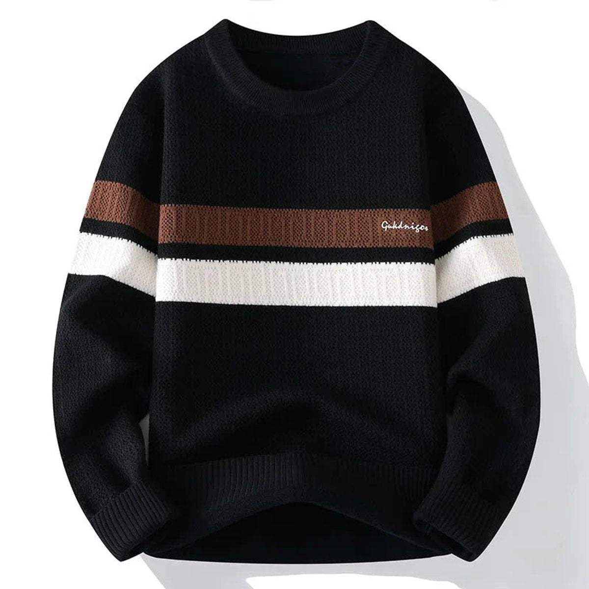 Black ribbed-knit pullover with contrasting brown and white stripe trim