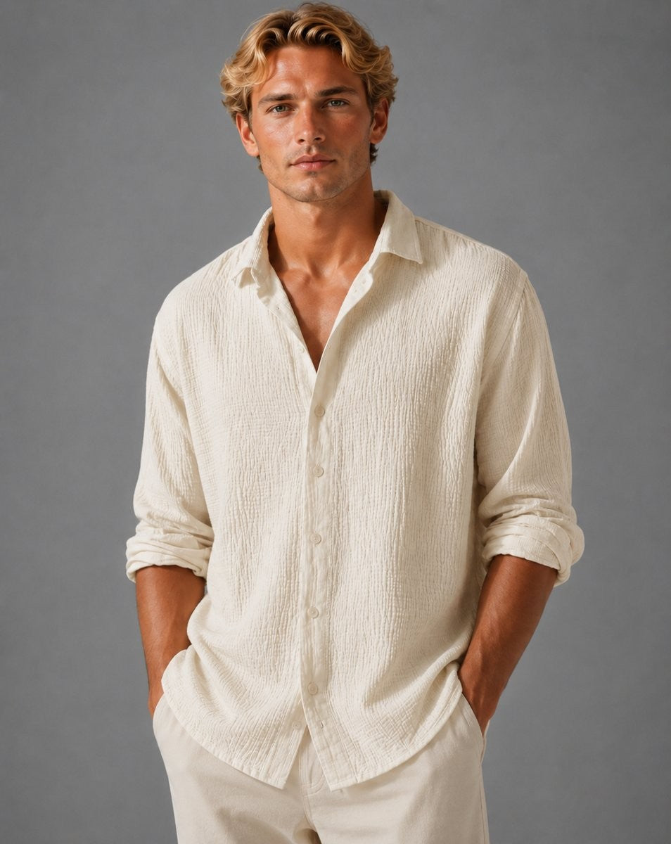 Cream textured long-sleeve shirt paired with matching linen-look trousers