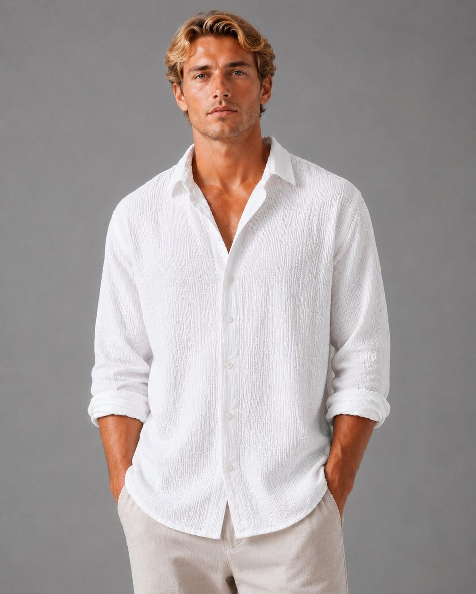 White crinkle-texture button-up shirt with classic collar and long sleeves
