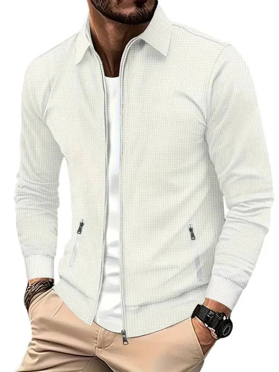 White textured full-zip jacket with classic collar and zip pockets