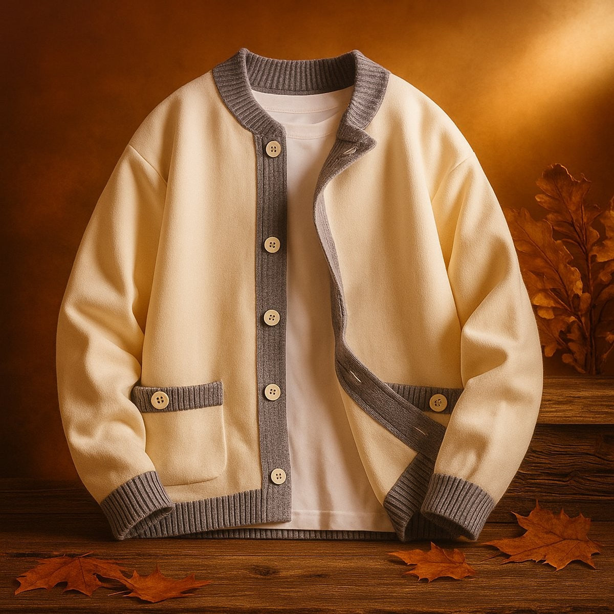 Cream knitted cardigan with grey ribbed trim and button-front detailing, styled flat