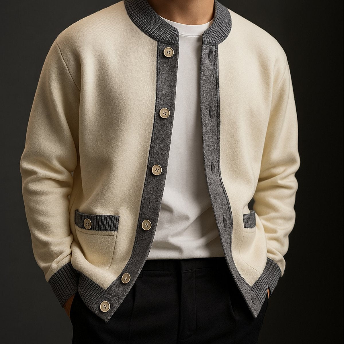 Model wearing cream cardigan with grey contrast trim over a white t-shirt
