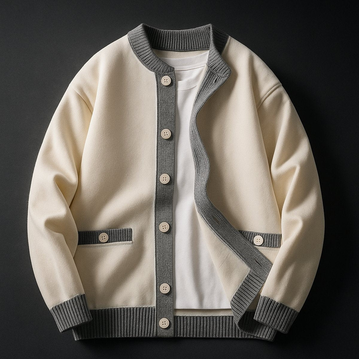 Cream button-front cardigan with contrasting grey ribbed collar and pockets