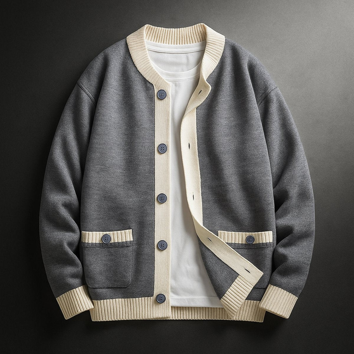 Grey knitted cardigan with cream ribbed trim and button-front fastening