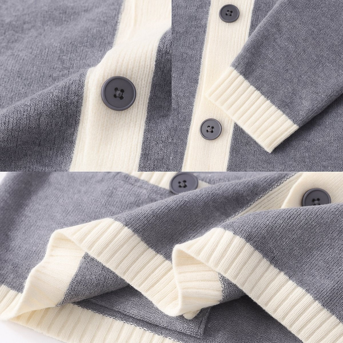 Close-up of grey cardigan buttons and cream ribbed cuff detailing