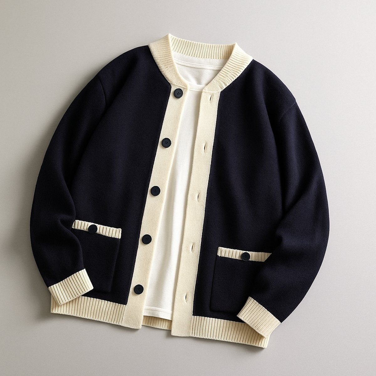 Navy knitted cardigan with cream ribbed trim, laid flat with buttons fastened