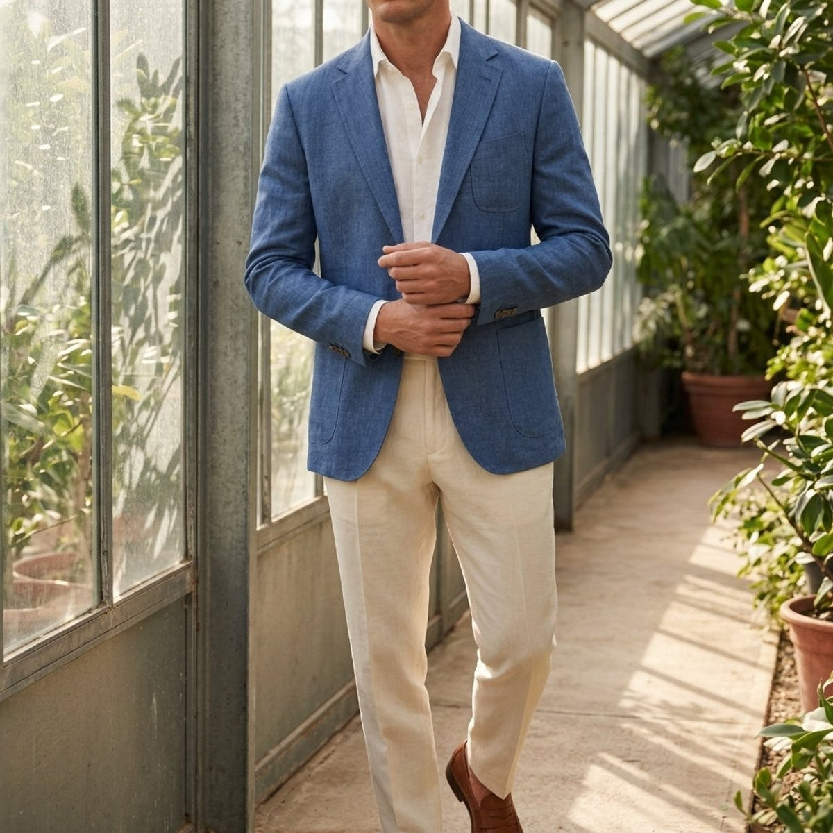 Blue linen blazer worn with cream trousers and white shirt, unstructured smart casual style