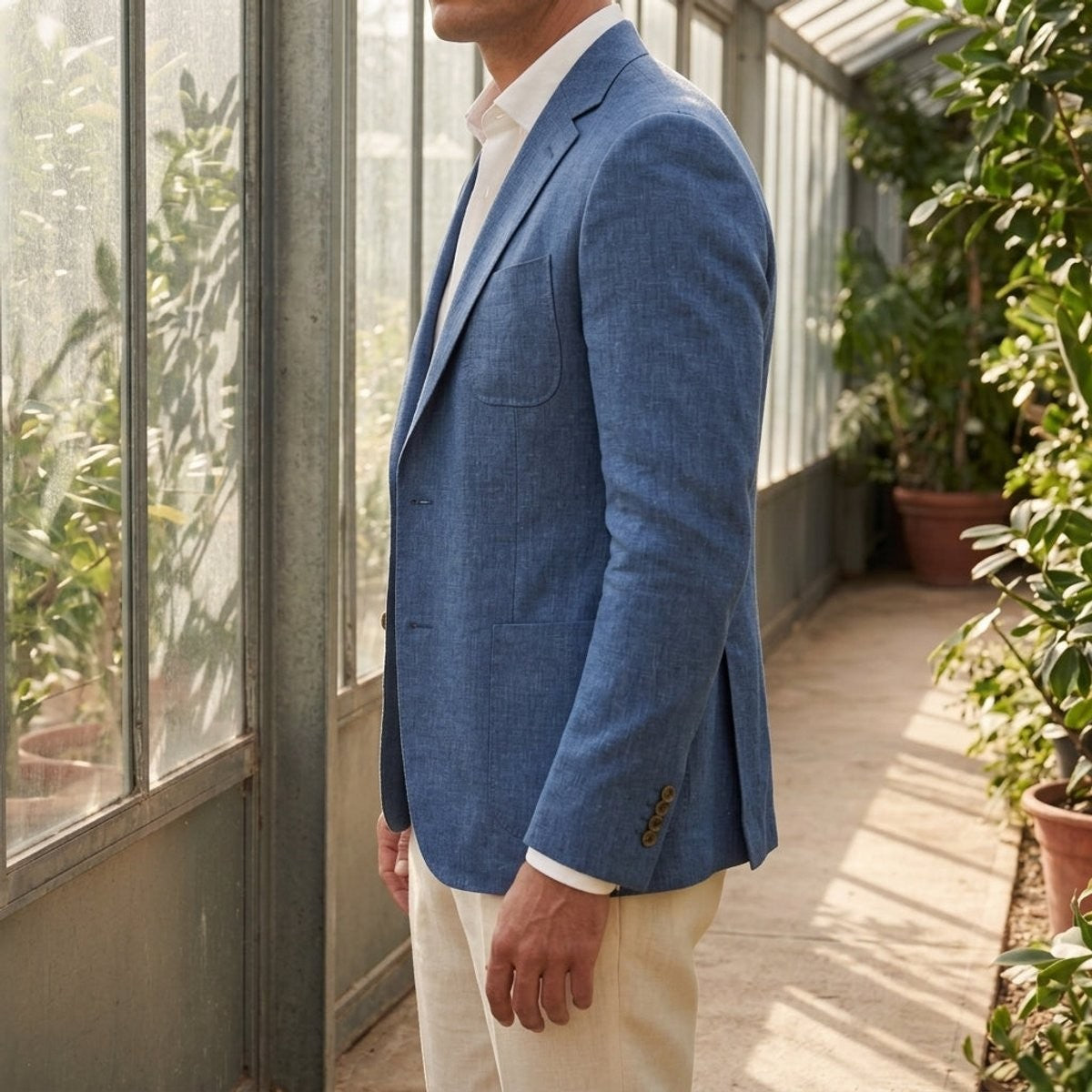 Side profile of blue linen blazer showing patch pockets and relaxed tailoring