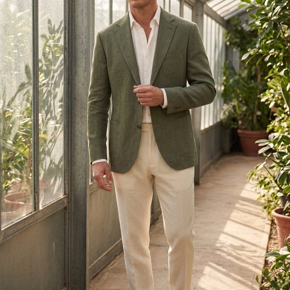 Olive green linen blazer worn open over white shirt, relaxed smart casual fit
