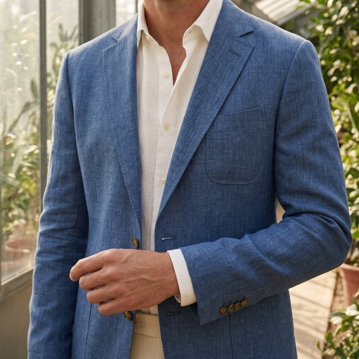Close-up of blue linen blazer lapel and patch pocket, unstructured smart casual jacket