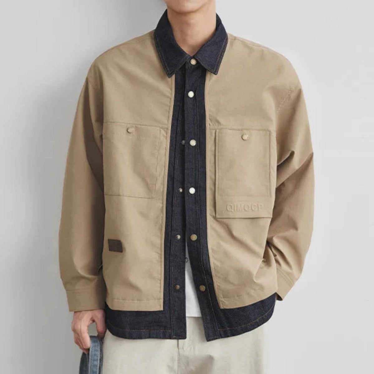 Beige canvas utility overshirt with contrast denim collar and twin chest pockets