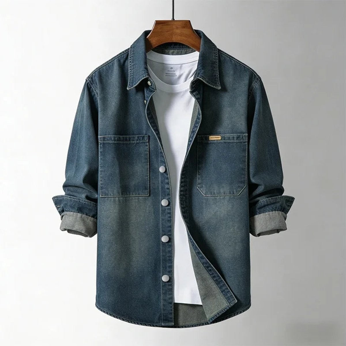 Dark blue denim overshirt with twin chest pockets and press-stud buttons