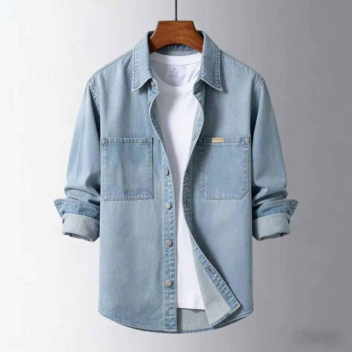 Light blue denim overshirt with contrast collar and roll-up cuffs