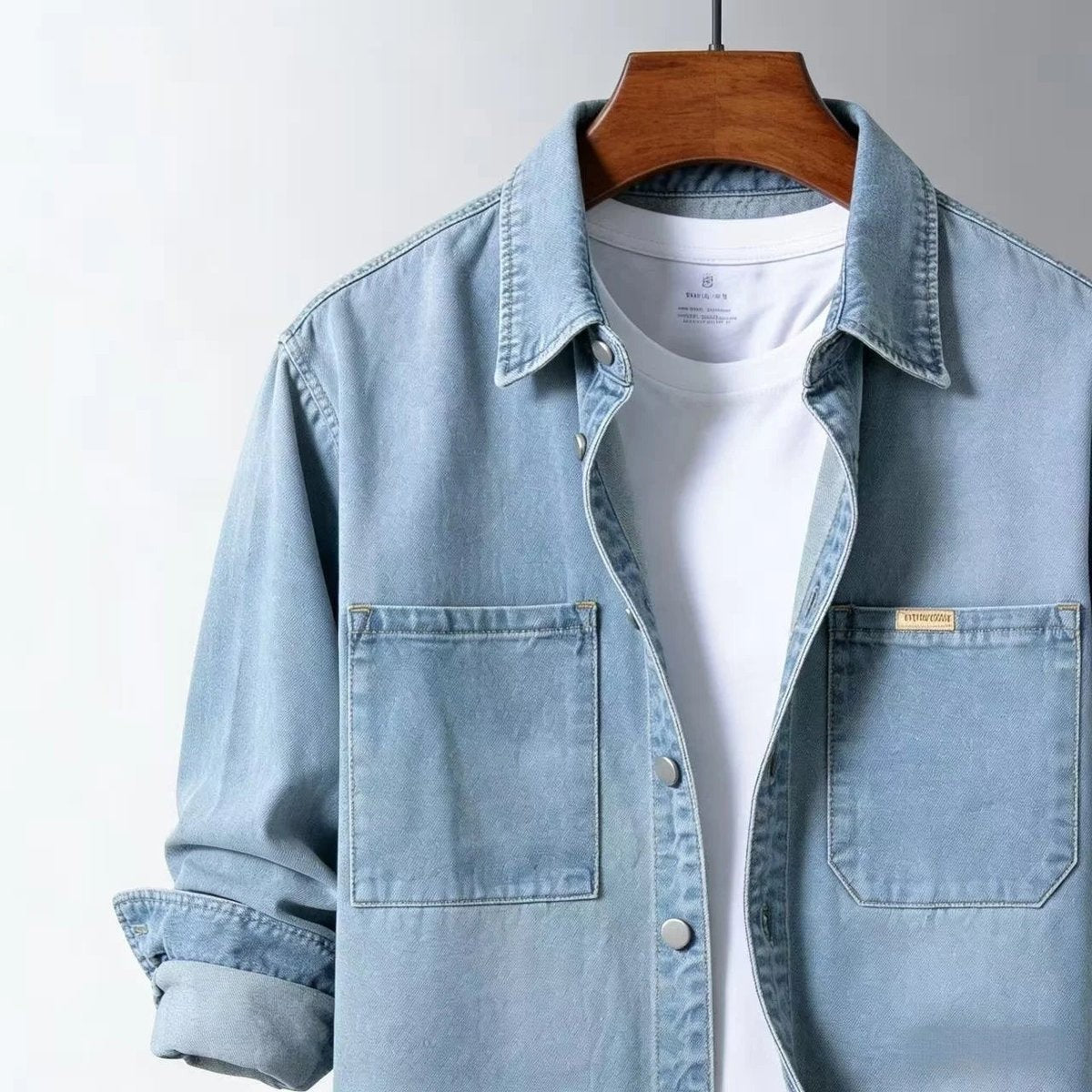 Light wash denim overshirt collar and chest pockets shown in close detail