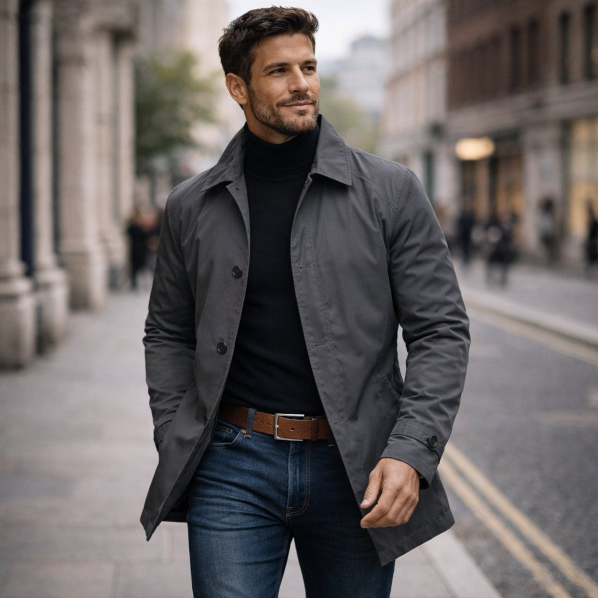 Man wearing grey weather-resistant overcoat with collar, styled with denim on a city street
