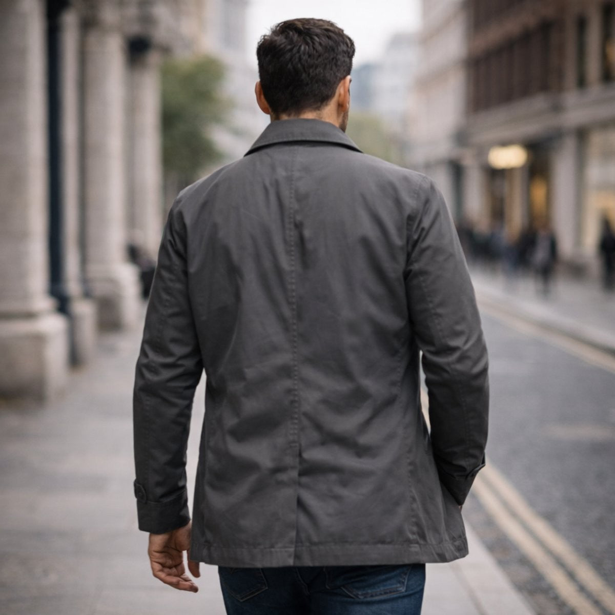 Rear view of grey relaxed-fit overcoat showing back seam detailing outdoors