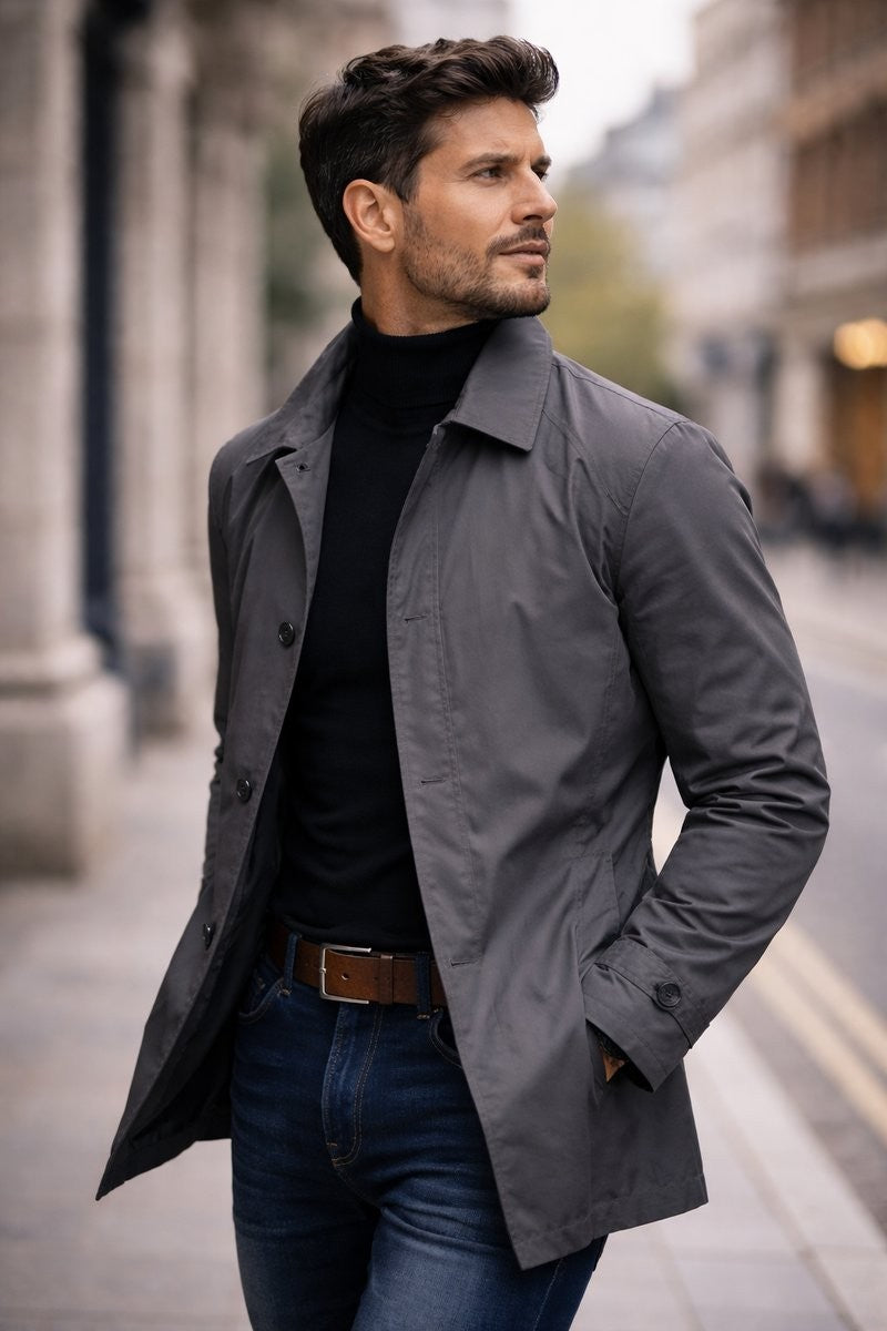 Side profile of grey overcoat worn open over black jumper on a street