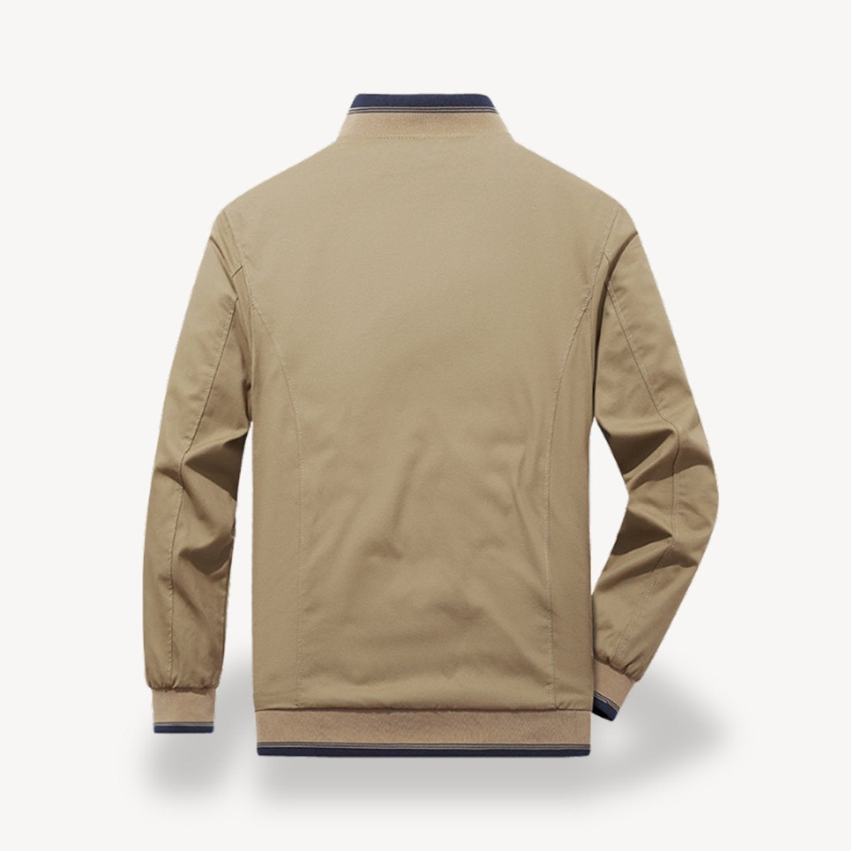 Rear view of beige slim-fit bomber jacket with striped ribbed collar