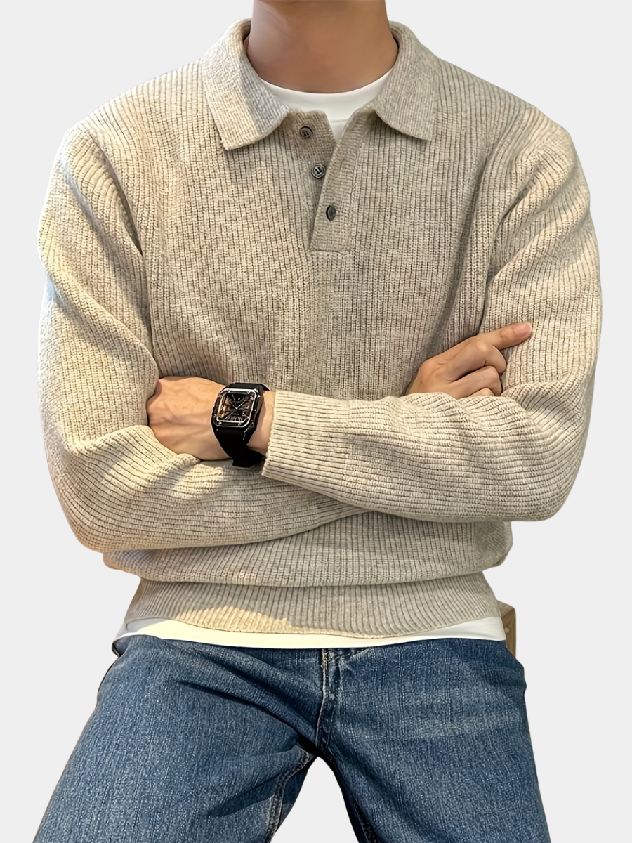 Beige ribbed knit polo jumper with button placket, styled with denim jeans