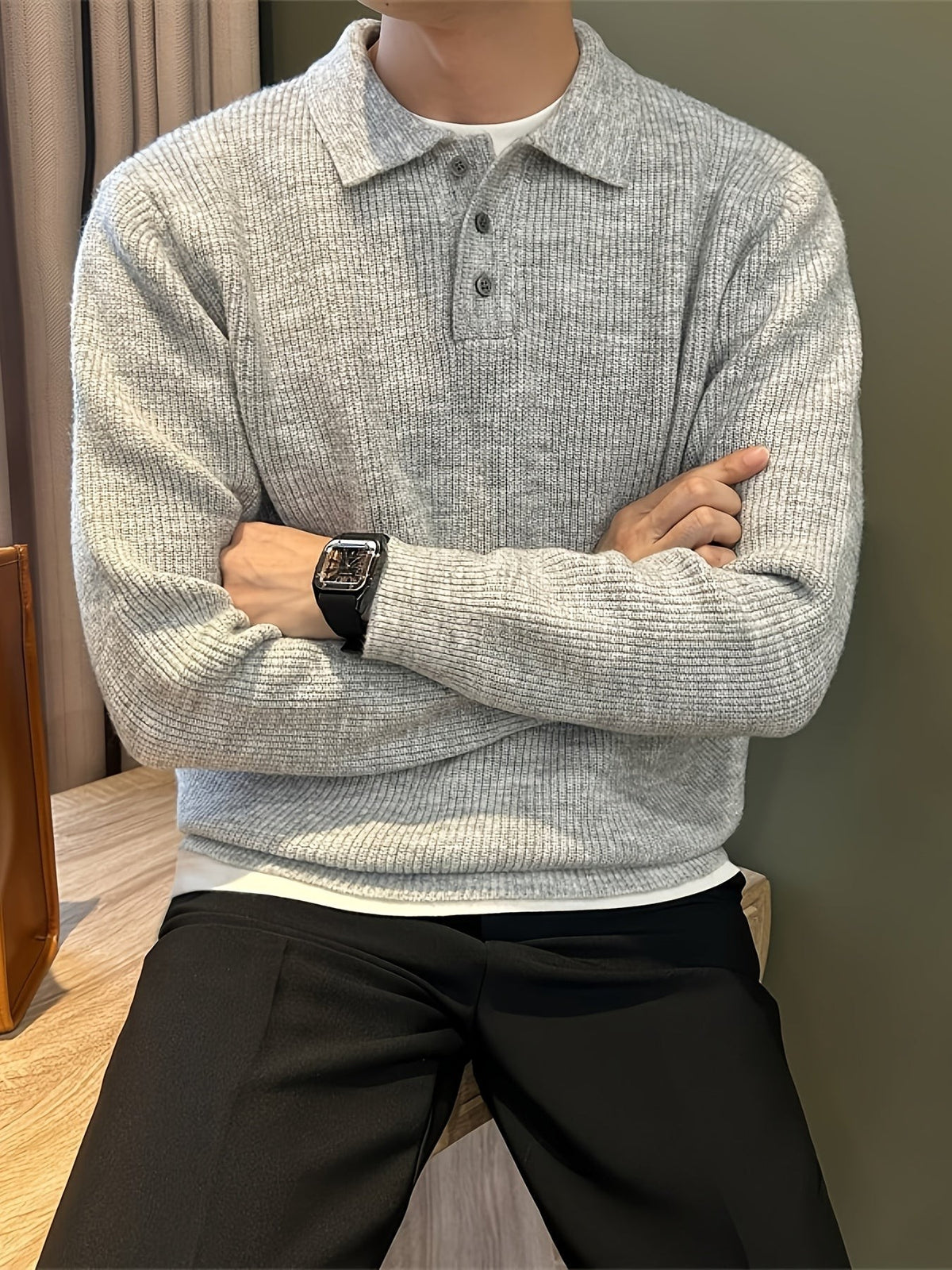 Grey marl ribbed knit polo jumper worn with black tailored trousers