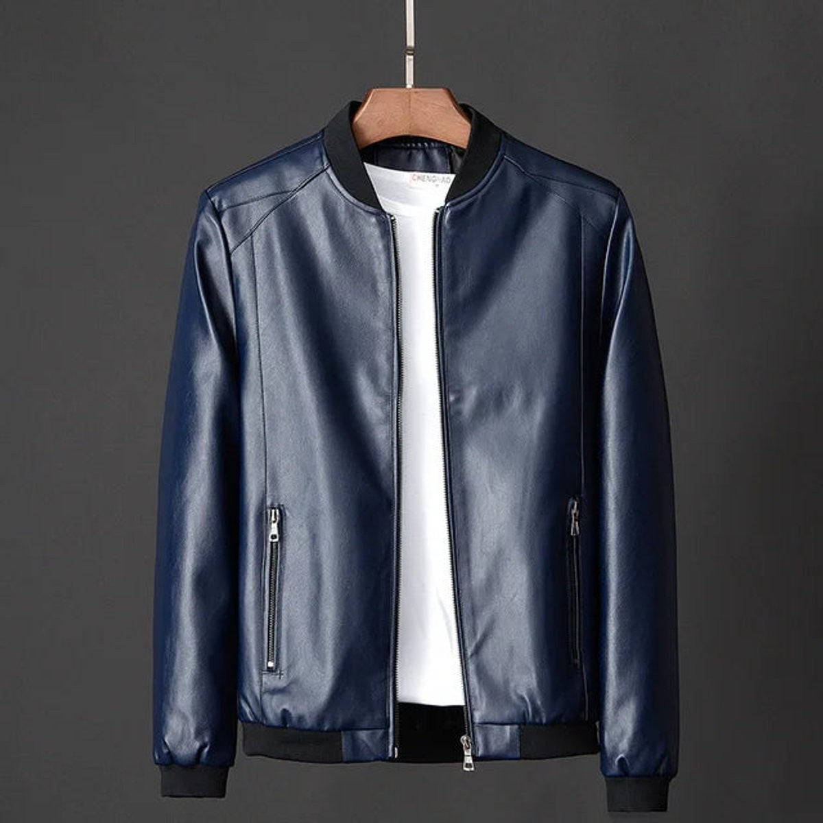 Navy faux leather bomber jacket with contrast ribbed collar and cuffs