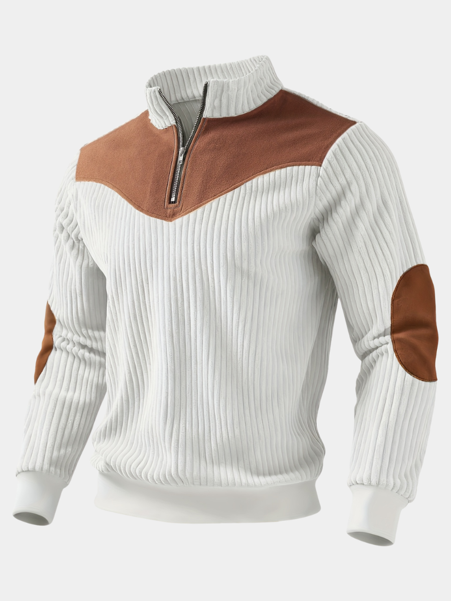 White ribbed corduroy half-zip jumper with tan suede shoulder panel and elbow patches