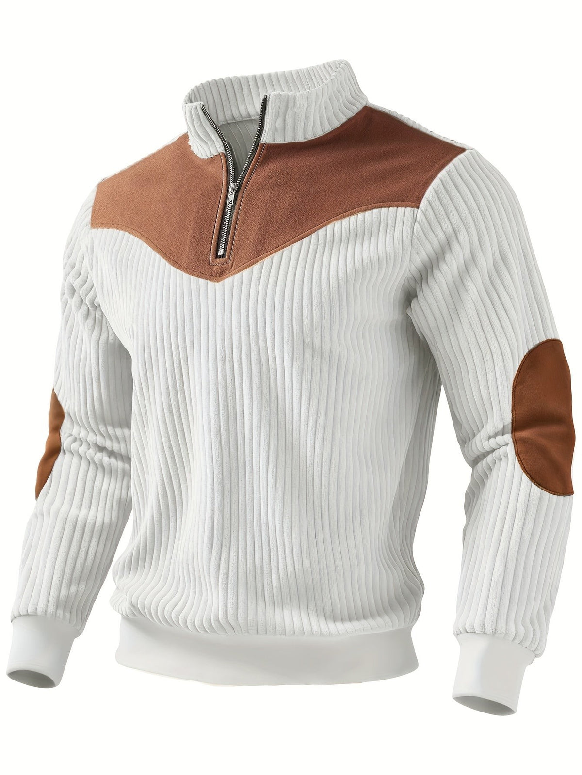 Men's cream corduroy quarter-zip sweatshirt featuring contrast tan yoke and cuffs
