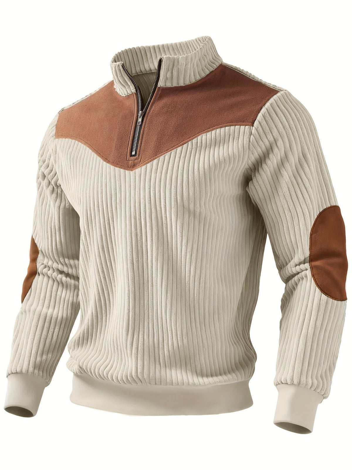 Off-white ribbed half-zip pullover with brown suede panel and elbow patches