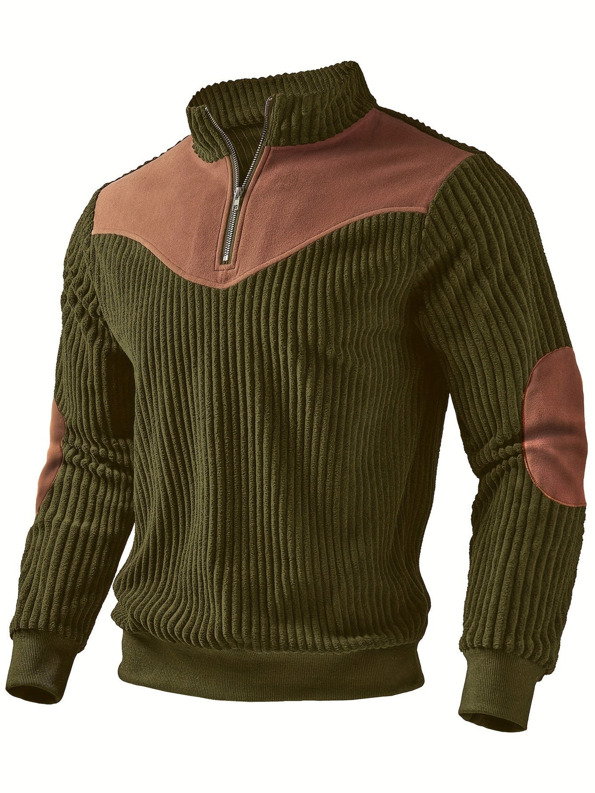 Khaki green corduroy quarter-zip jumper with rust suede shoulder detailing