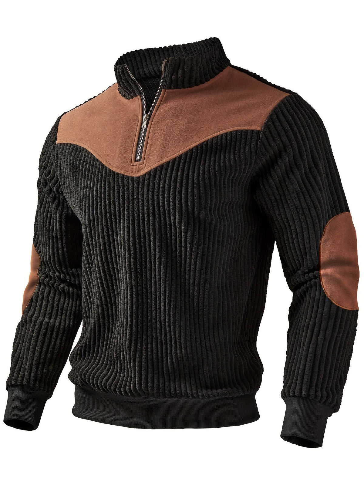 Black ribbed half-zip sweatshirt with tan suede yoke and elbow patches