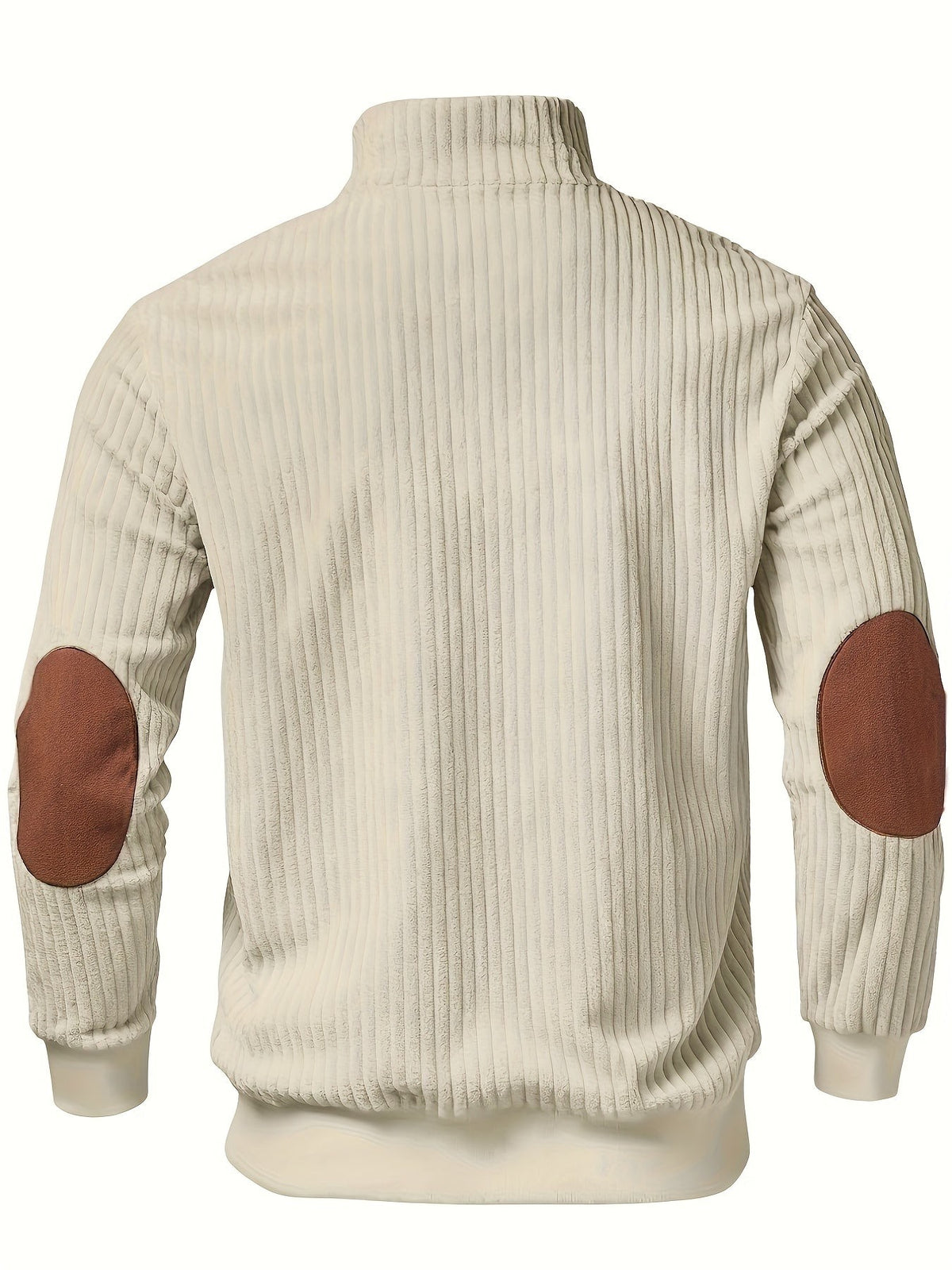 Rear view of cream corduroy half-zip jumper showing tan elbow patches