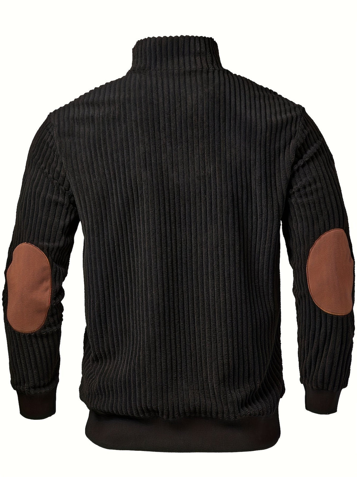 Back view of black ribbed quarter-zip sweatshirt with brown elbow patches