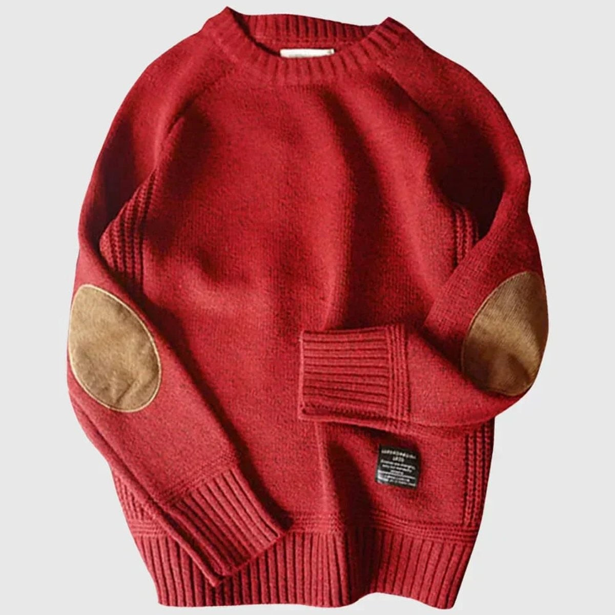 Deep red ribbed knit jumper featuring contrast brown suede elbow patches