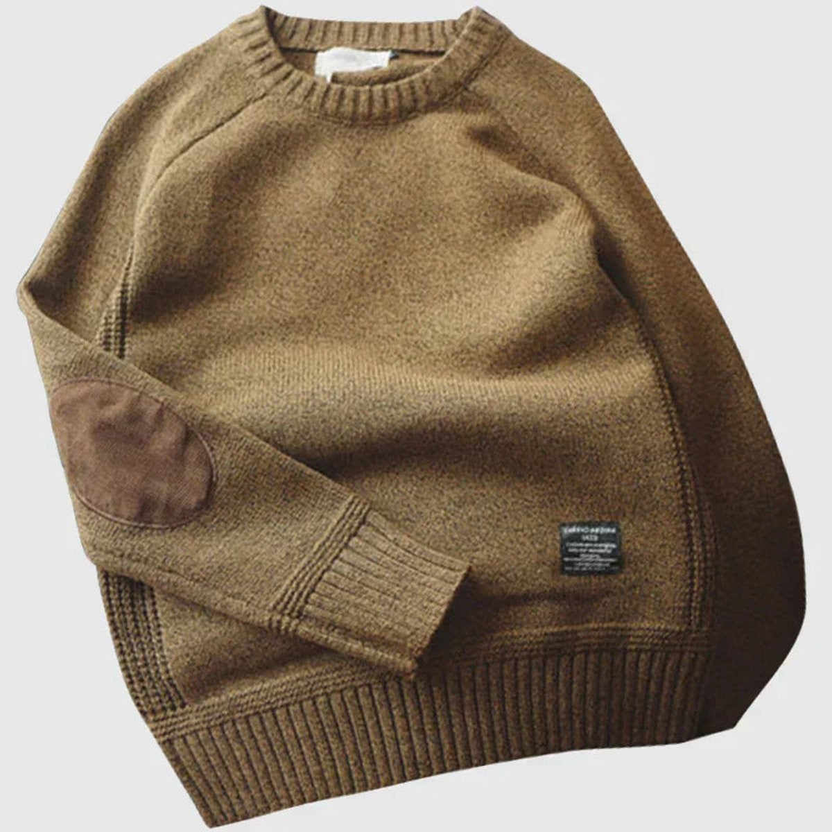 Camel-coloured ribbed knit pullover with suede elbow patches and crew neckline
