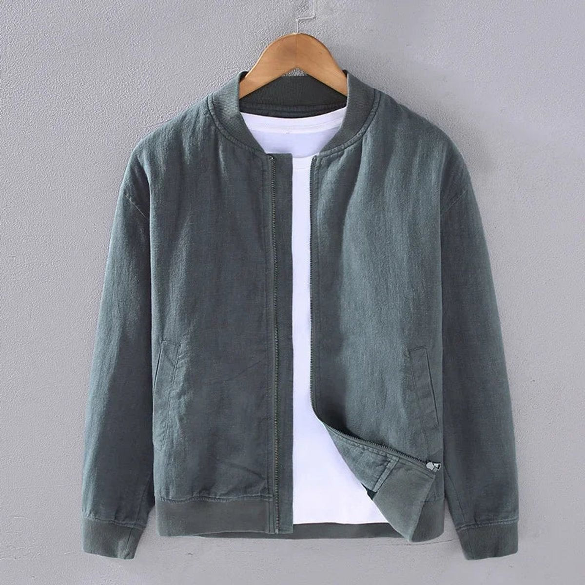 Sage green casual bomber jacket with ribbed collar and cuffs
